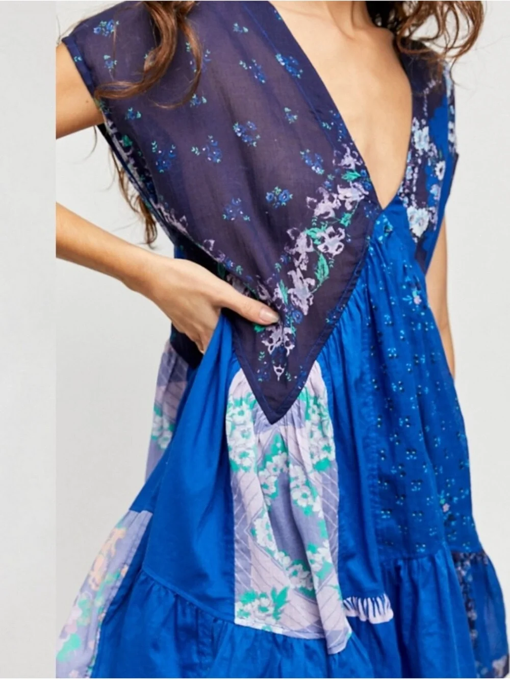 FREE PEOPLE Mended Scarves Patchwork Mini Dress Blue Dark Combo Large MSRP$148